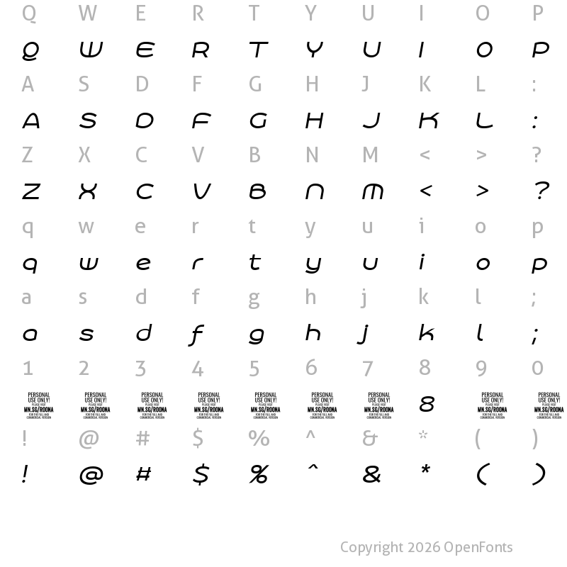 Character Map of Roona Sans Medium PERSONAL Italic