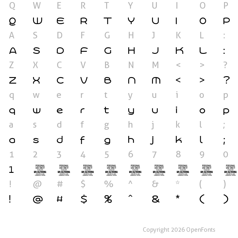 Character Map of Roona Sans Medium PERSONAL Regular