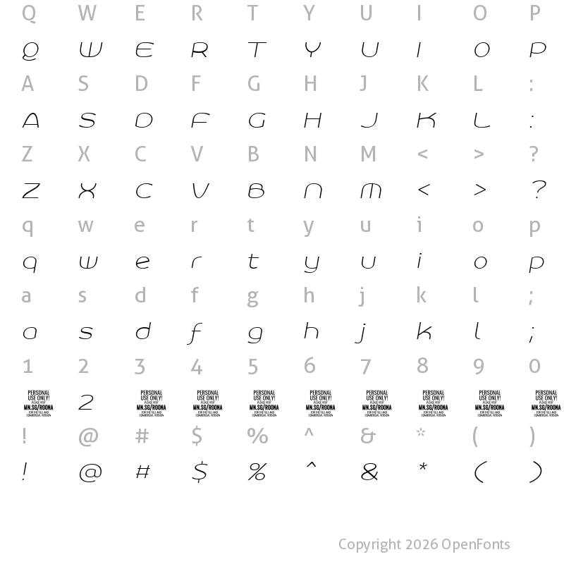 Character Map of Roona Sans Thin PERSONAL Italic