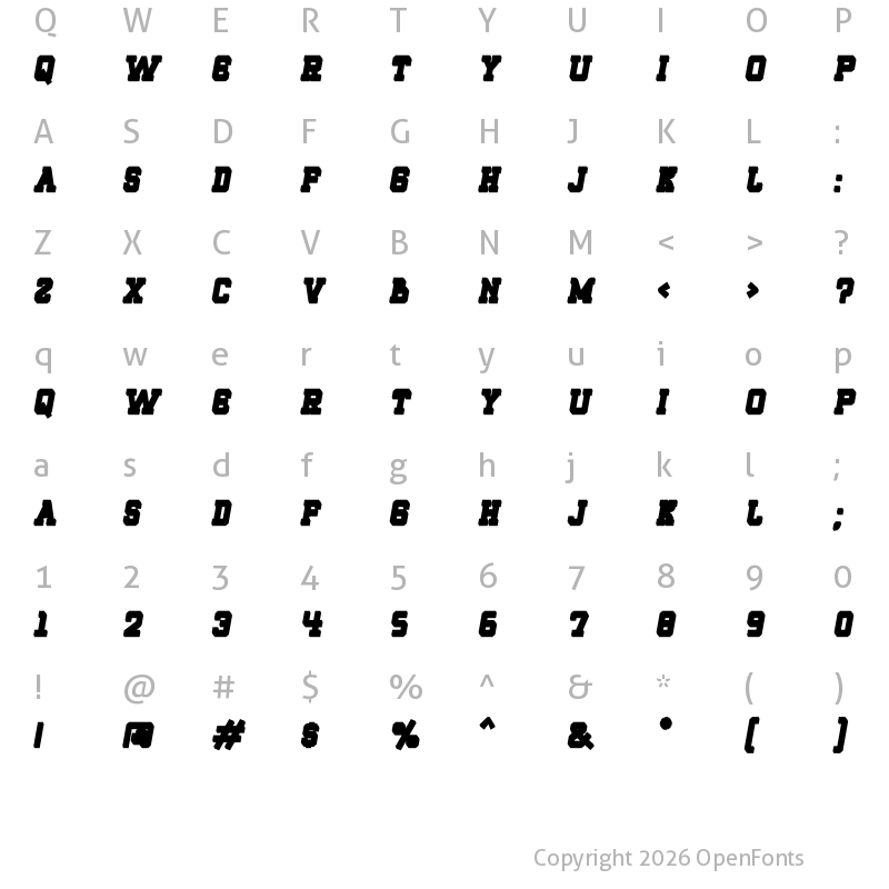 Character Map of ROQUERO Bold Extrude Italic