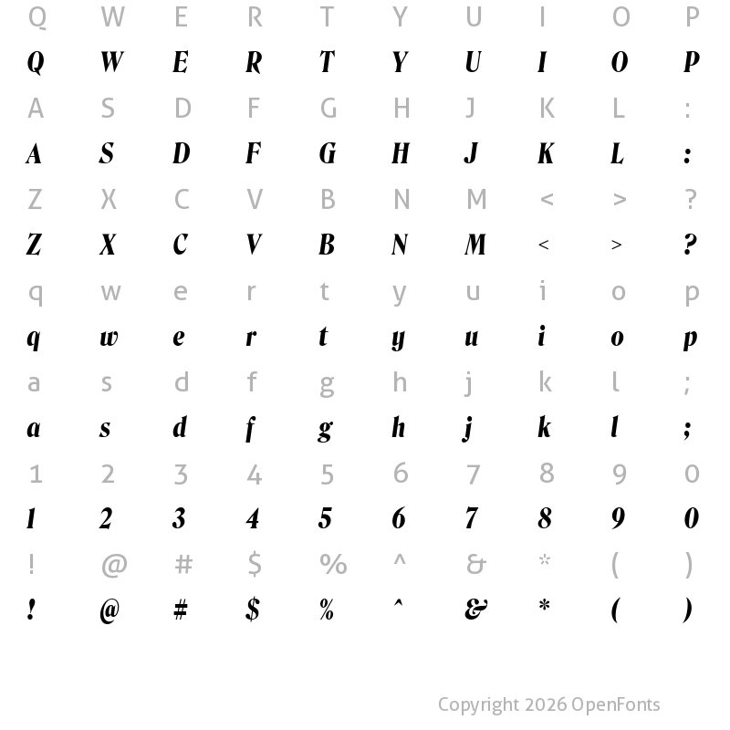 Character Map of Roslindale Display Condensed Bold Italic