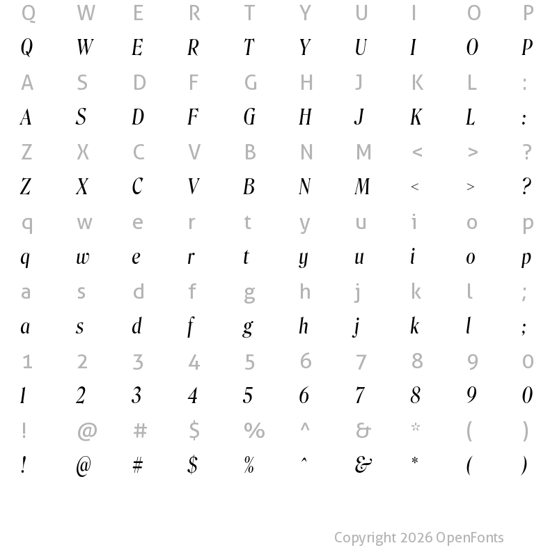 Character Map of Roslindale Display Condensed Italic