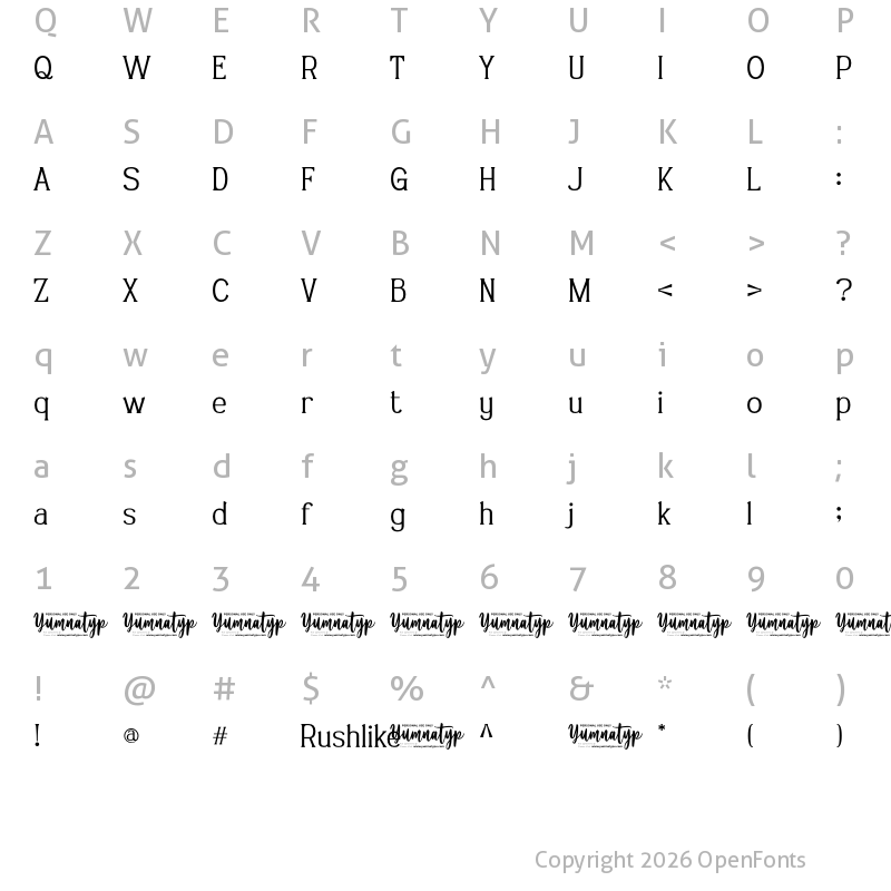 Character Map of Rushlike Personal Use Regular