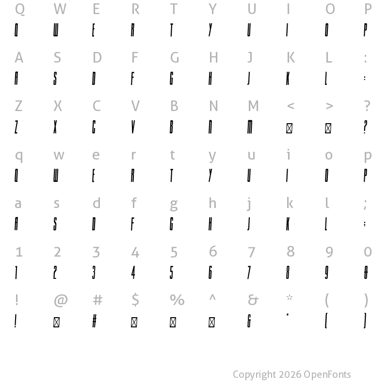 Character Map of Sacco SemiBold UltraCondensed Oblique