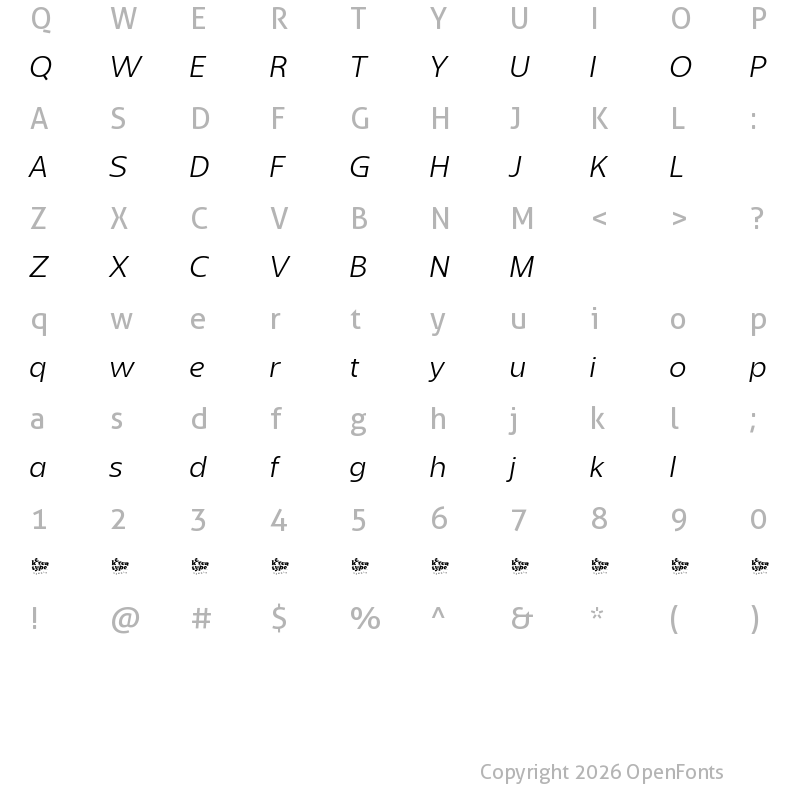 Character Map of Sanshiro Demo Light Italic