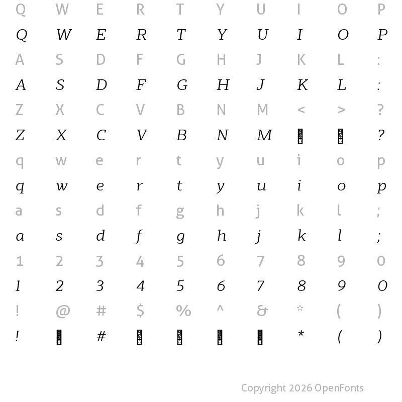 Character Map of Scharf Book Italic