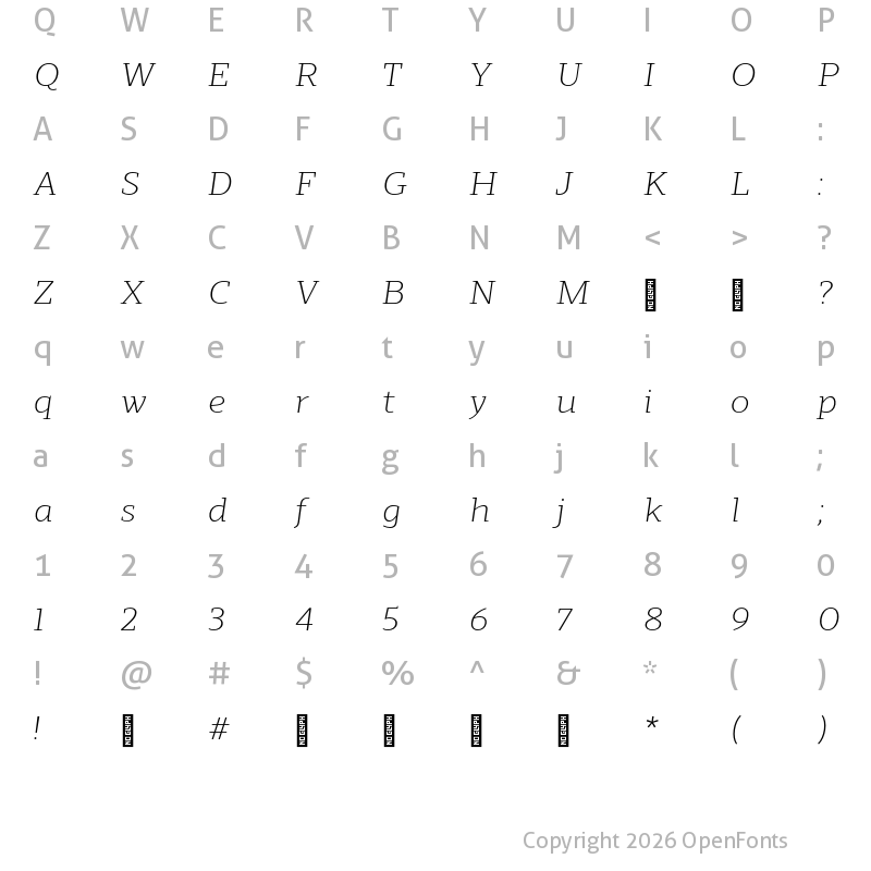 Character Map of Scharf Light Italic