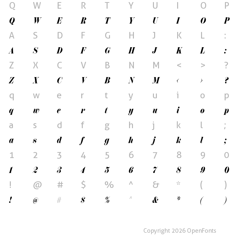 Character Map of Scotch Display Compressed Fat Italic