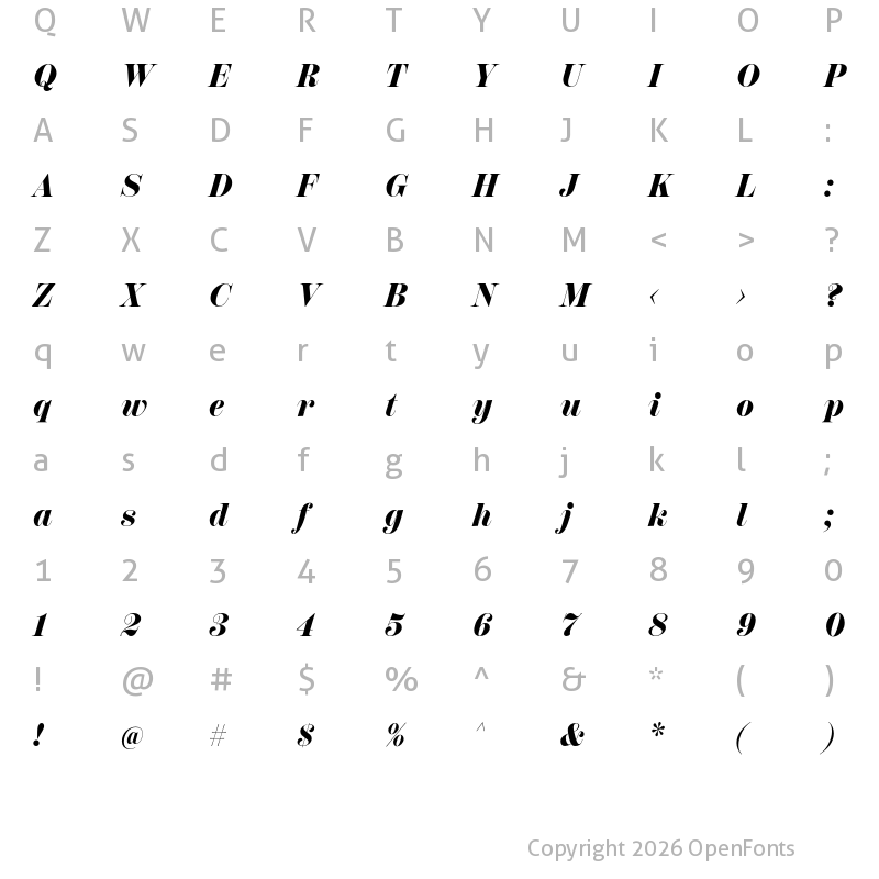 Character Map of Scotch Display Condensed Fat Italic