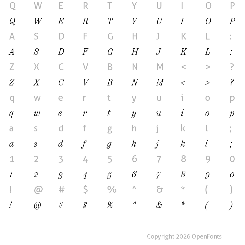 Character Map of Scotch Text Condensed Light Italic