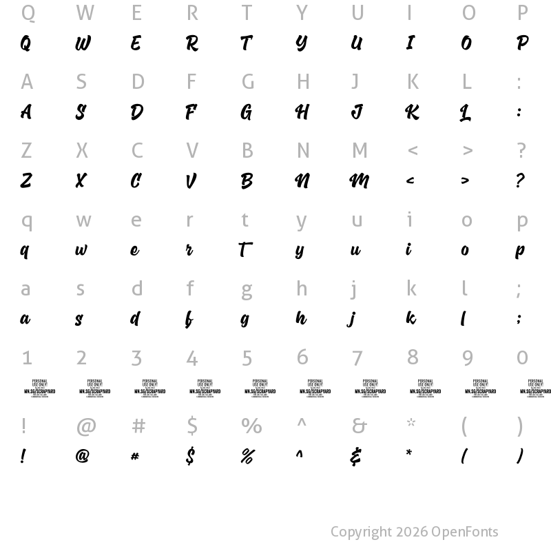 Character Map of Scrapyard Script PERSONAL USE Regular