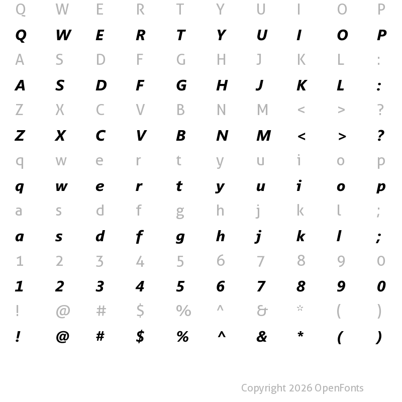 Character Map of Segoe TV Bold Italic