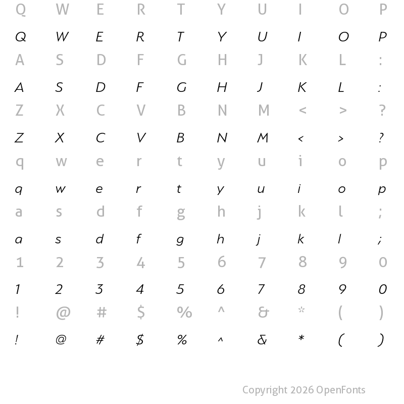 Character Map of Serenity Light Italic