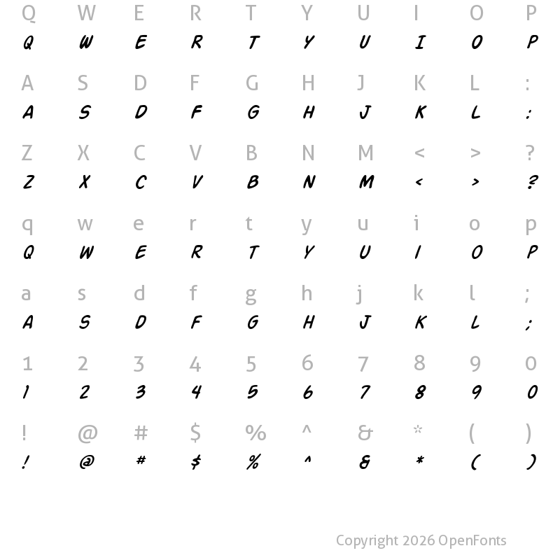 Character Map of SF Action Man Italic