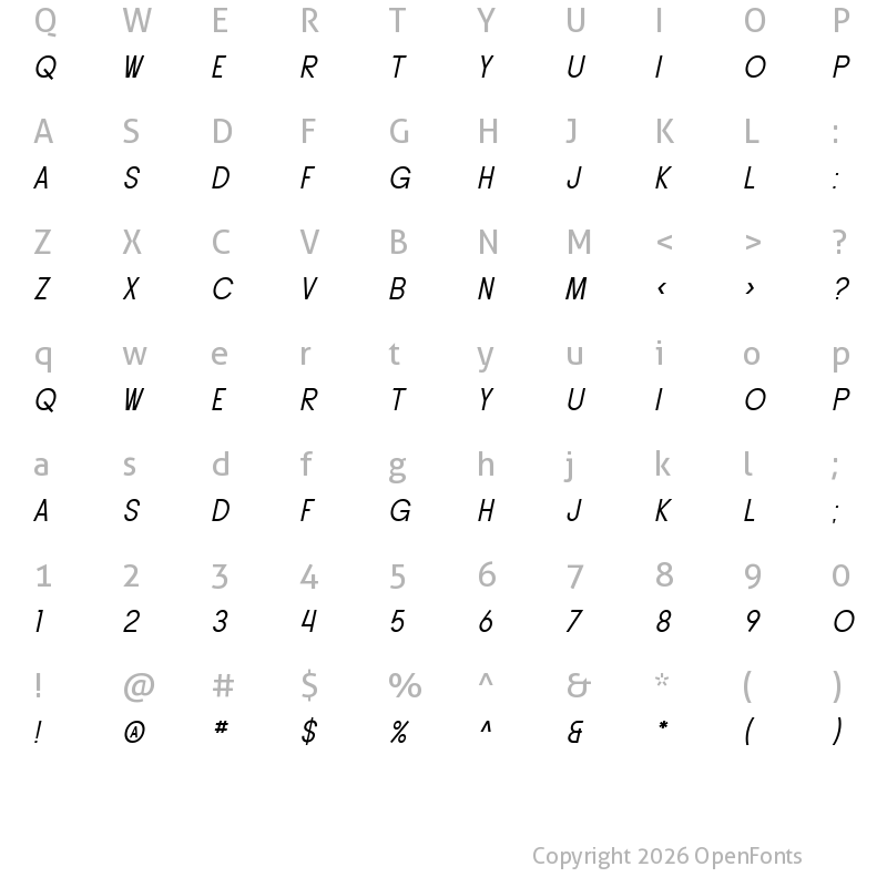 Character Map of SF Buttacup Lettering Oblique