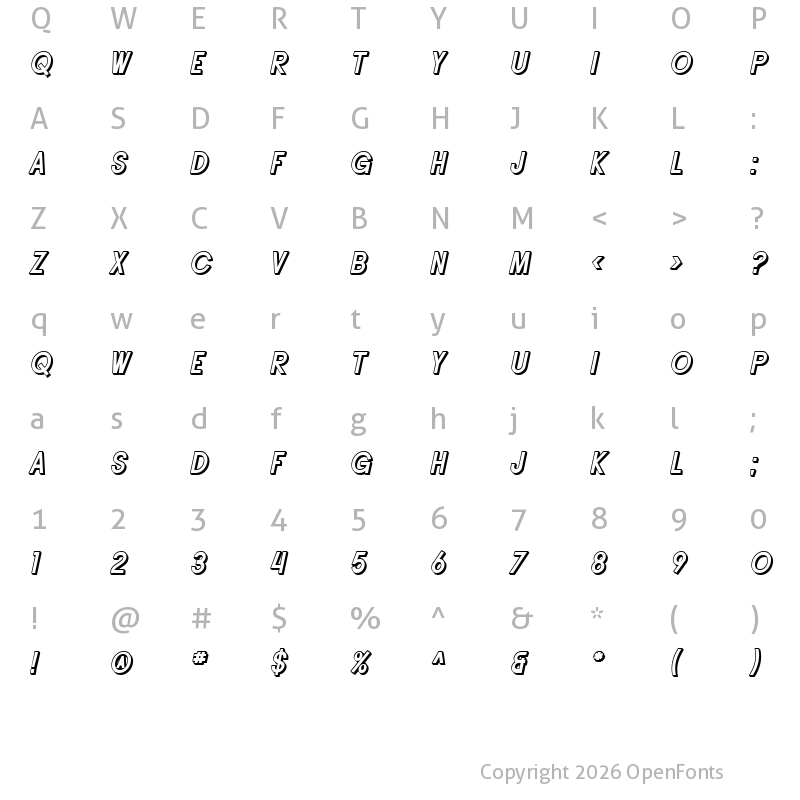 Character Map of SF Buttacup Lettering Shaded Oblique