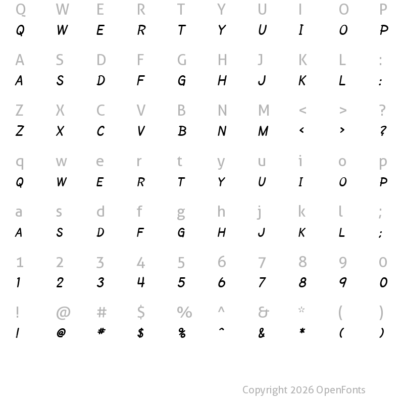 Character Map of SF Cartoonist Hand SC Bold