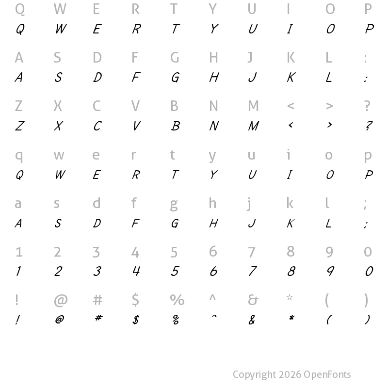 Character Map of SF Cartoonist Hand SC Italic