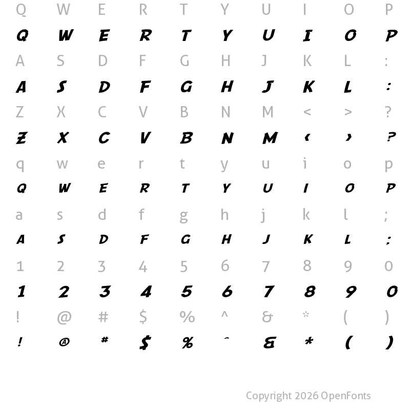 Character Map of SF Comic Script Extended Regular