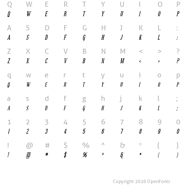 Character Map of SF Covington SC Cond Bold Italic