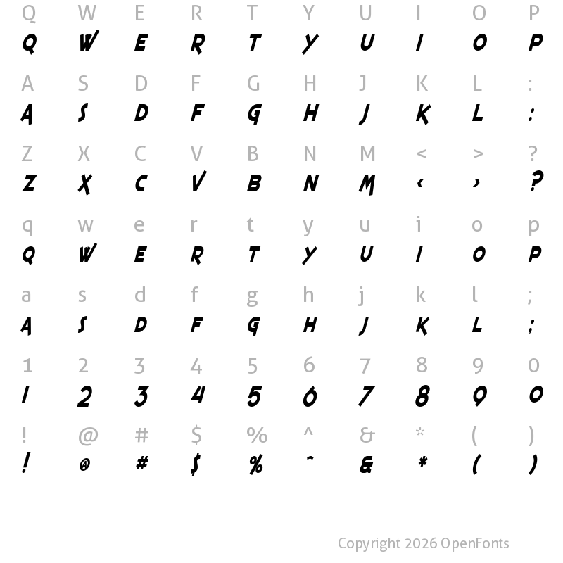 Character Map of SF Espresso Shack Condensed Bold Italic