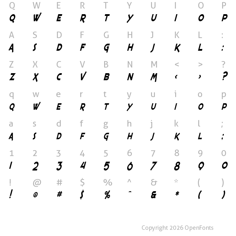 Character Map of SF Espresso Shack Condensed Italic