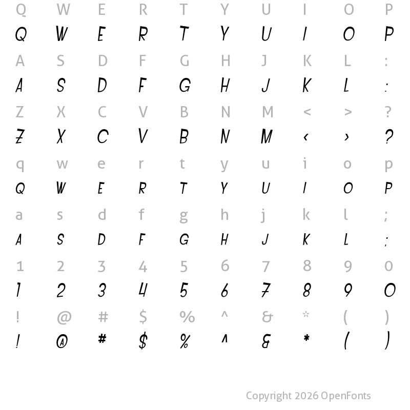 Character Map of SF Intoxicated Blues Extended Oblique