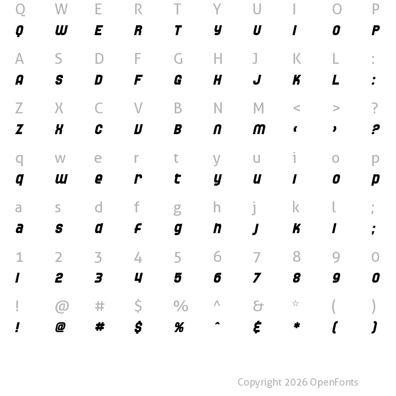 Character Map of SF Speedwaystar Bold Oblique