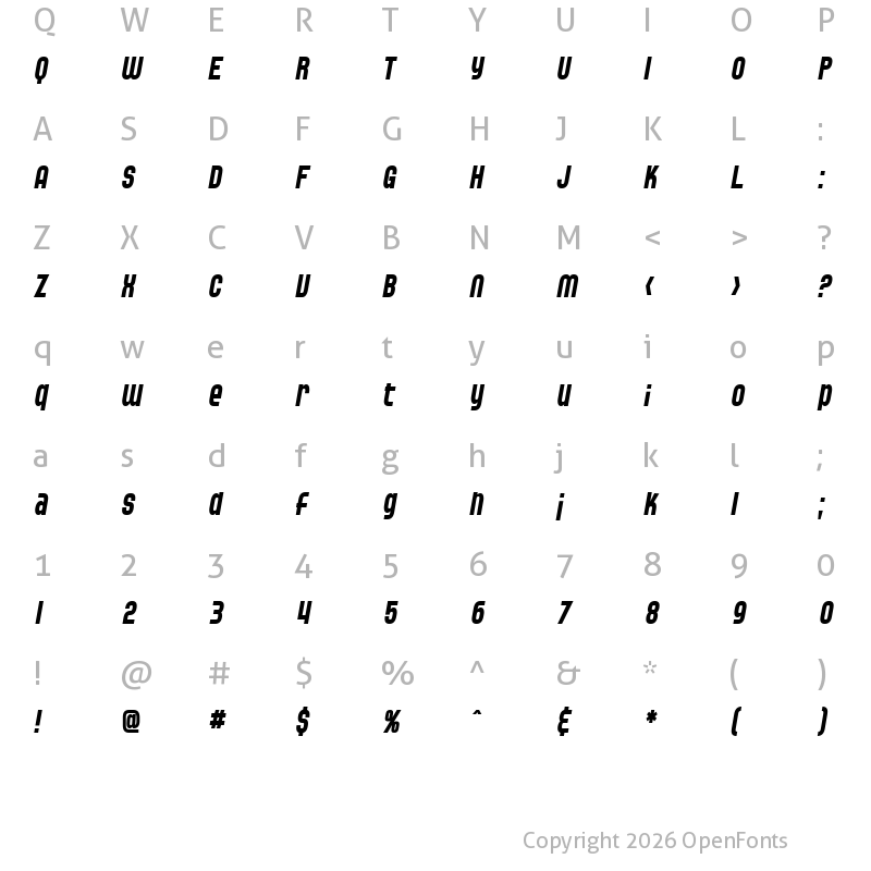 Character Map of SF Speedwaystar Cond Italic