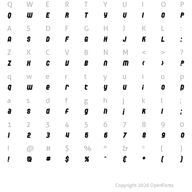 Character Map of SF Speedwaystar Shaded Italic