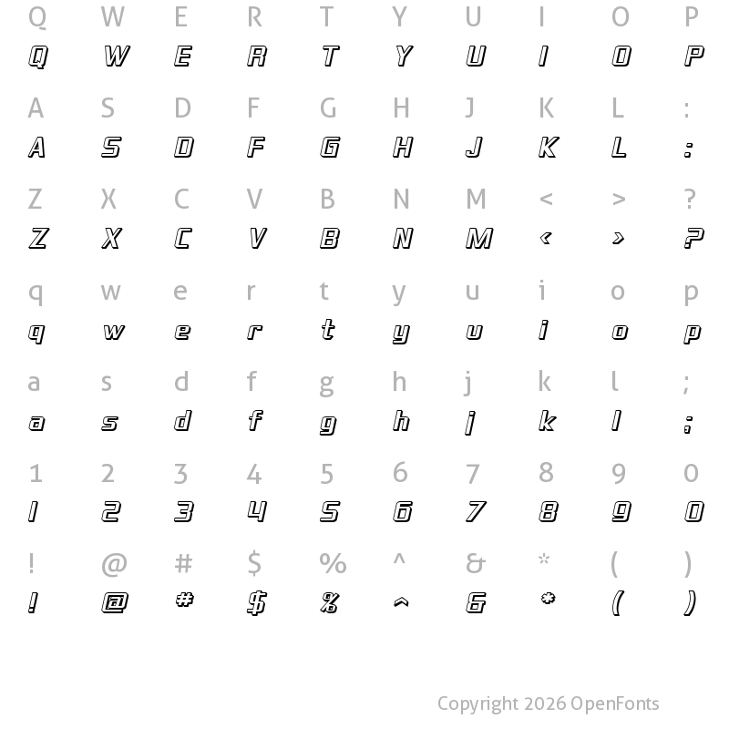 Character Map of SF Theramin Gothic Shaded Oblique