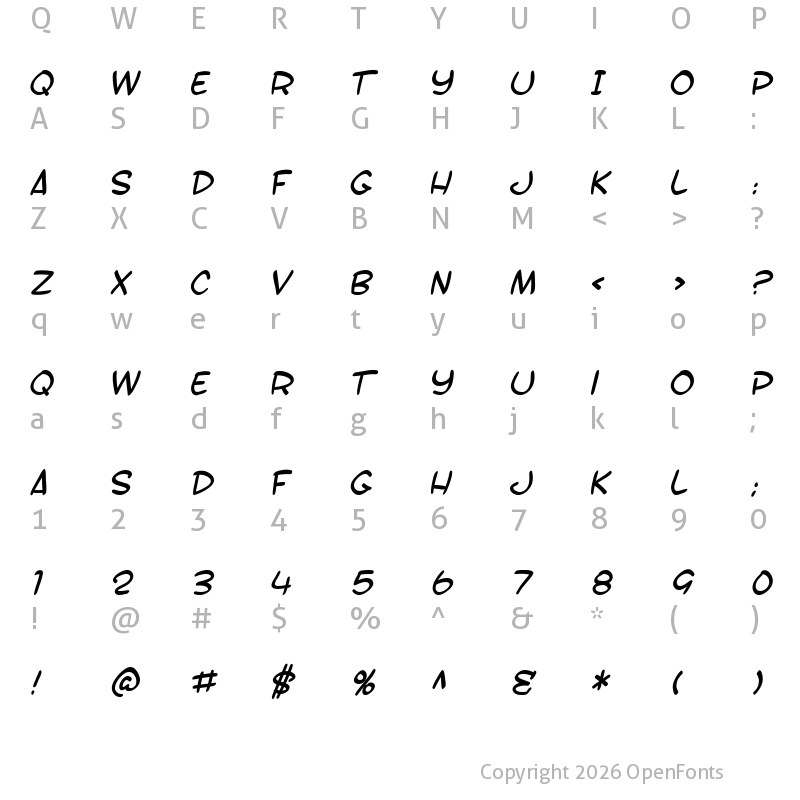 Character Map of SF Toontime B Italic