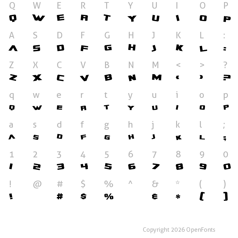 Character Map of SF Zero Gravity Bold