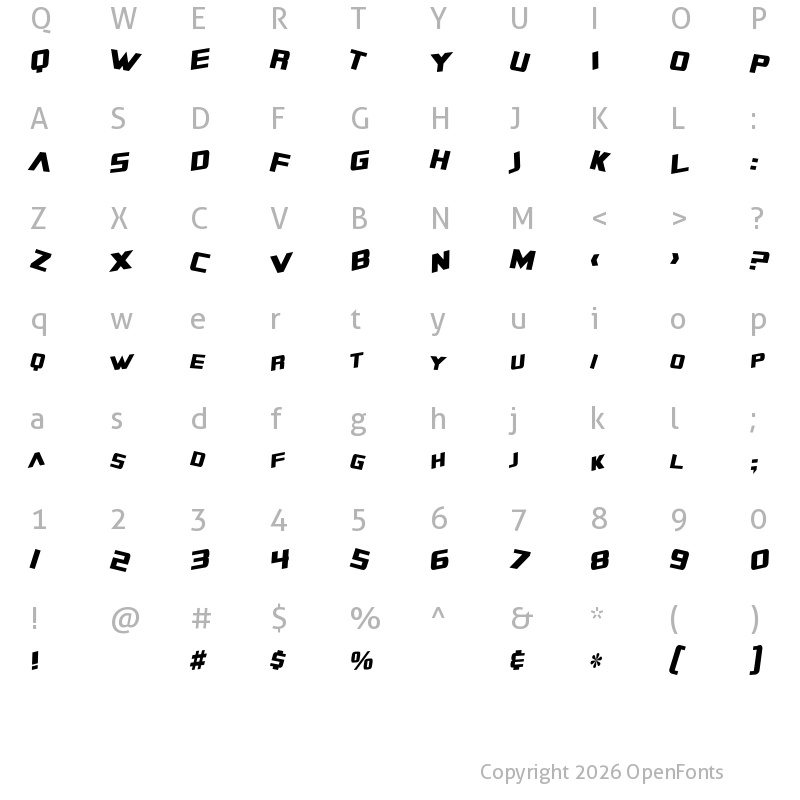 Character Map of SF Zero Gravity Condensed Italic