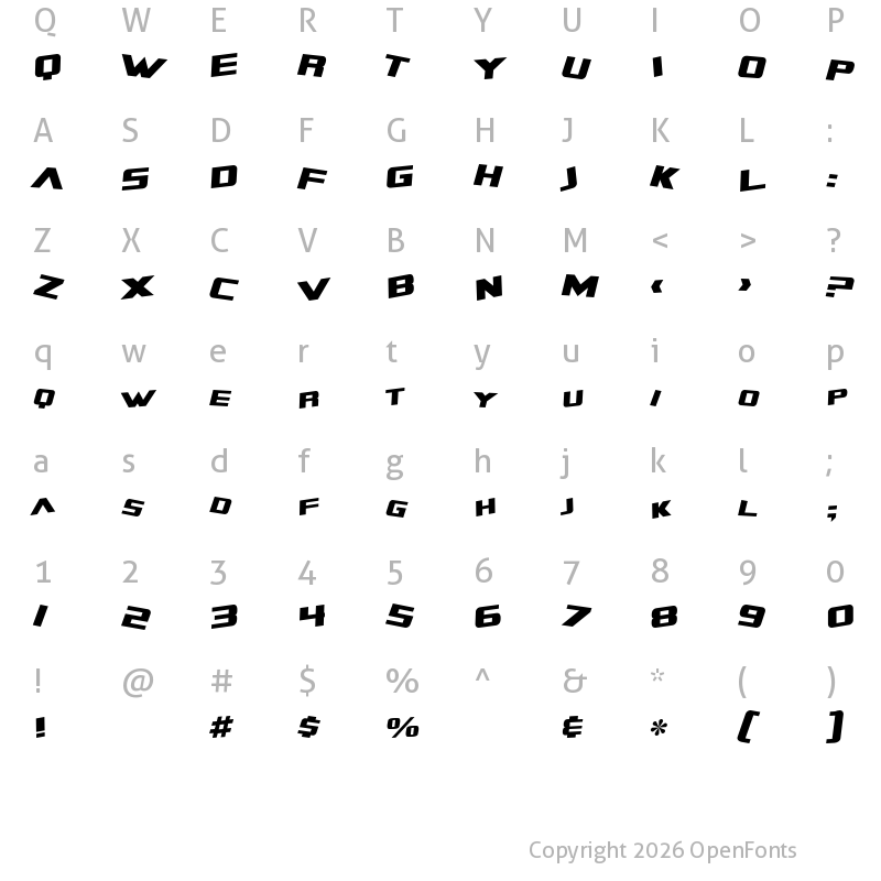 Character Map of SF Zero Gravity Italic