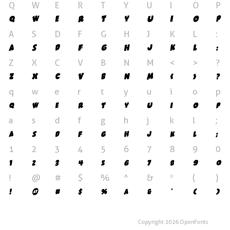 Character Map of Shablagoo Rotalic Italic