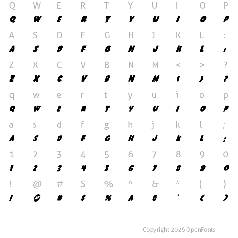 Character Map of Shablagoo Super-Italic Italic