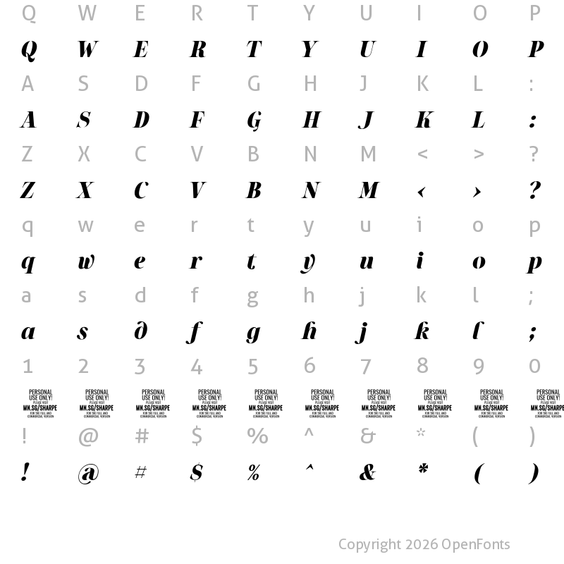 Character Map of Sharpe PERSONAL Black Italic