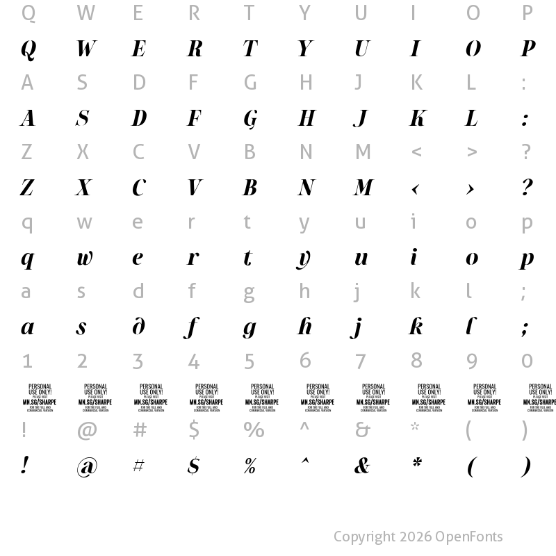 Character Map of Sharpe PERSONAL Bold Italic