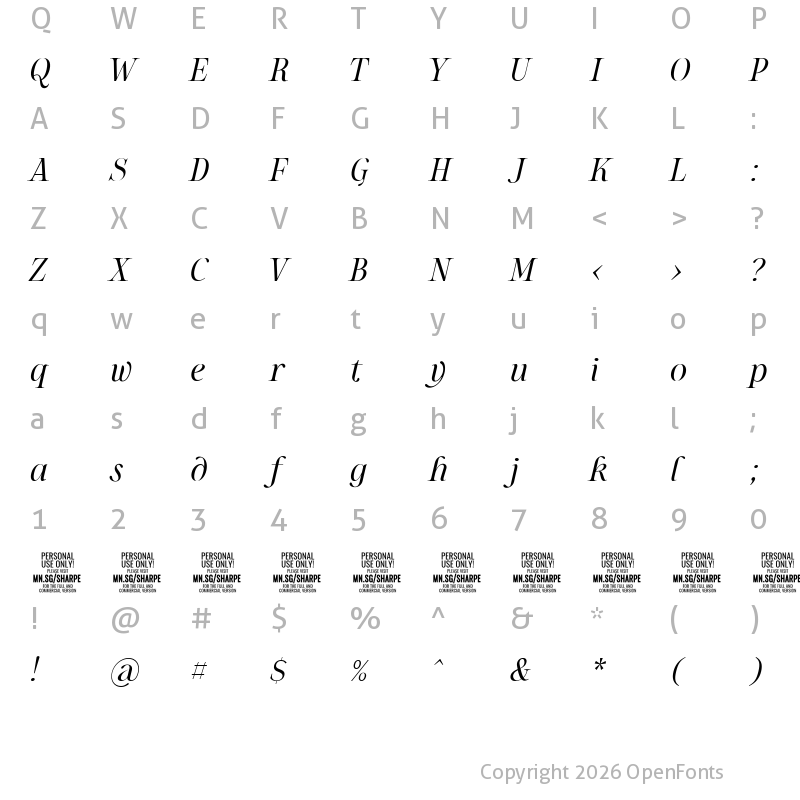 Character Map of Sharpe PERSONAL Light Italic