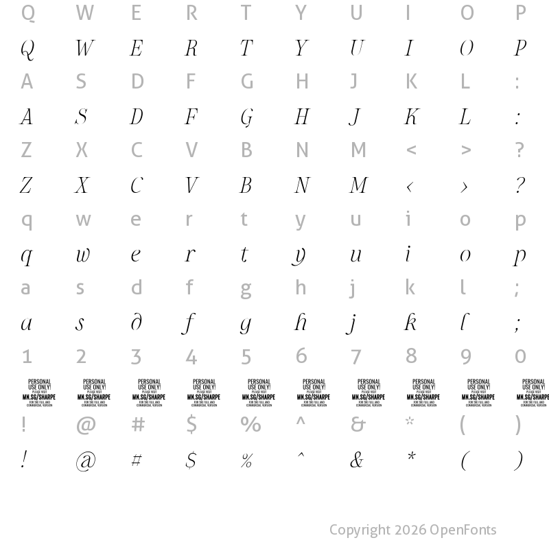 Character Map of Sharpe PERSONAL Thin Italic