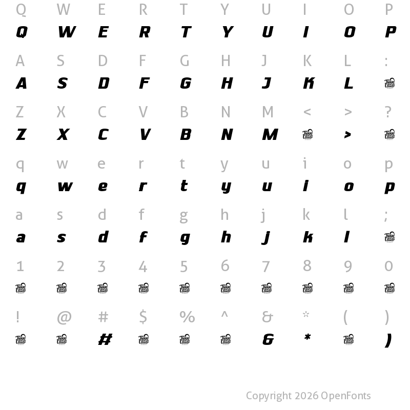 Character Map of SHARUNG Personal use Bold Slanted