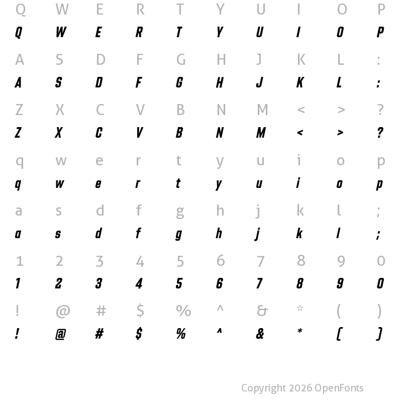 Character Map of Shuttleblock Condensed Bold Italic