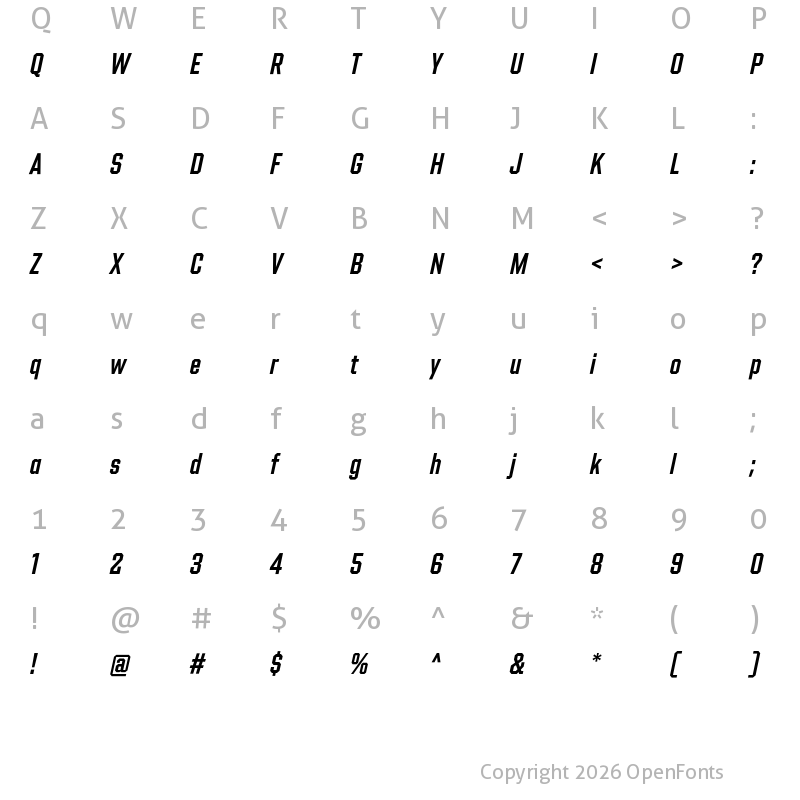 Character Map of Shuttleblock Condensed Demi Italic