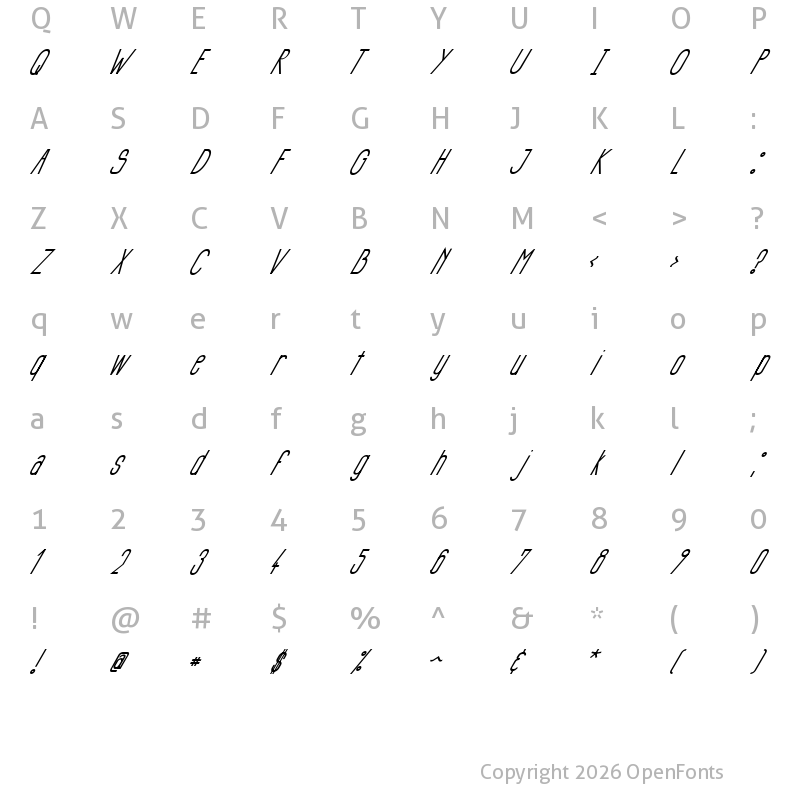 Character Map of Si LuNcaiItalic Regular