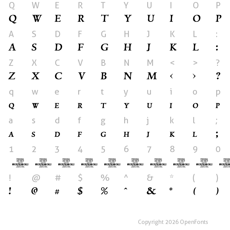 Character Map of Silian Calligraphy Bold PERSONAL Regular