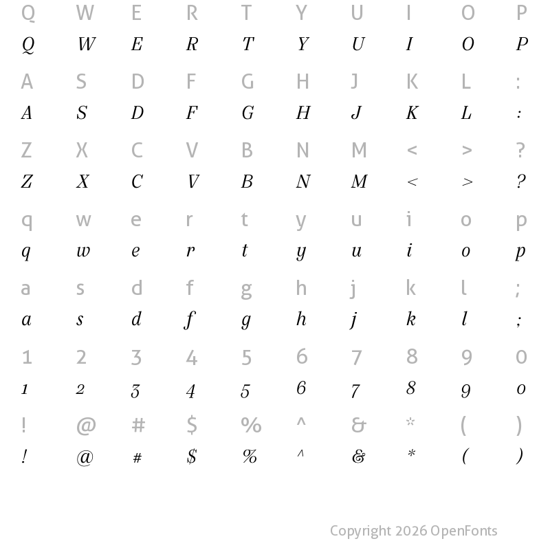 Character Map of Silva Display Light Italic