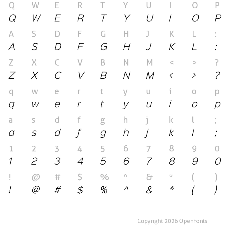 Character Map of Sinkin Sans 300 Light Italic