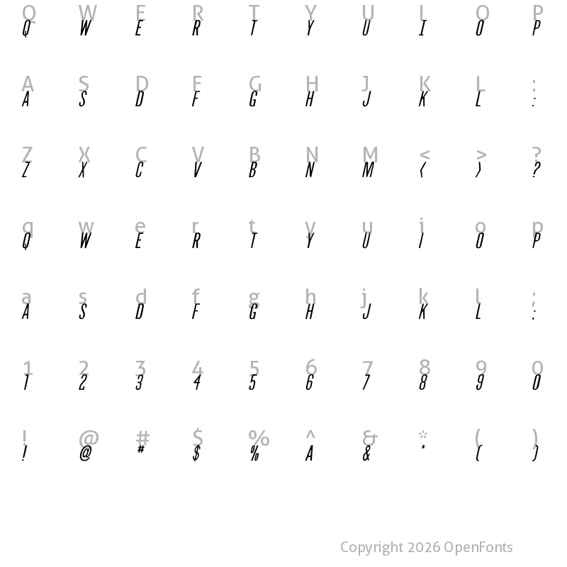 Character Map of Slasher Film Expanded Italic Regular