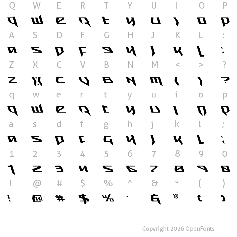 Character Map of Snubfighter Leftalic Italic